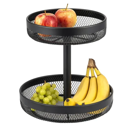 eluno 2-stöckige runde Obstetagere aus schwarzem Metall - Obstkörbe mit viel Platz für frisches Obst und Gemüse, ideal für stilvolle Lagerung und längere Frische durch optimale Luftzirkulation.