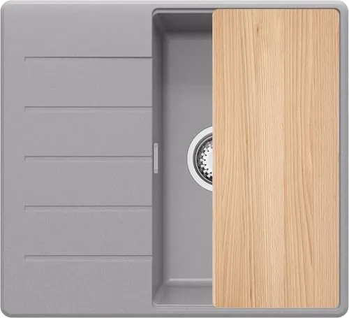 PRIMAGRAN Spülbecken Grau 55x50cm, Granitspüle 1 Becken + Ablauf-Set + Schneidebrett, Küchenspüle ab 40er Unterschrank - Kopenhagen S284