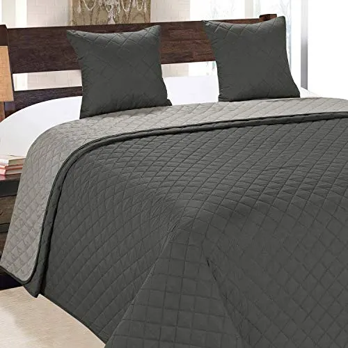 Euromat Tagesdecke Steppdecke Bettüberwurf Gesteppte Zweiseitig Tagesdecke mit 2 Kissenbezüge 40x40 cm- (Dunkelgrau Silber- 10, 220x240 cm)