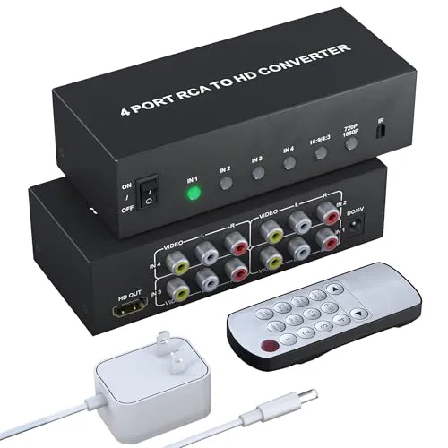 Port RCA zu HDMI Converter Adapter - 1080P/720P für TV und Spielkonsolen - RCA zu HDMI Konverter für 4 AV-Composite-Signale, unterstützt 720P/1080P Auflösung, einfache Plug-and-Play Nutzung, kompatibel mit vielen Geräten und bietet eine Fernbedienung für bequeme Umschaltung.