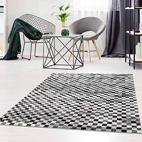 Teppich Modern Karo-Look - 160x225 cm Grau Meliert - Kurzflor Teppiche Wohnzimmer