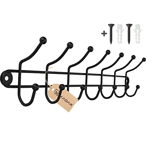 KADAX Wandgarderobe, Garderobenhaken, Hakenleiste, Doppelhaken, Kleiderhaken, Garderobenleiste, Wandhaken aus Stahl, Bademantelhaken, Handtuchhaken, matt, schwarz (7 Haken)
