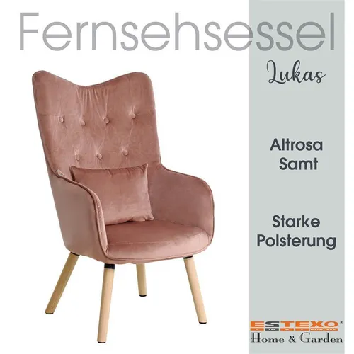 ESTEXO Fernsehsessel Altrosa Samt - Bequemer Relaxsessel mit attraktivem Knopfstepp-Design, inklusive loses Kissen und pflegeleichtem Stoffbezug – ideal für gemütliche Fernsehabende.