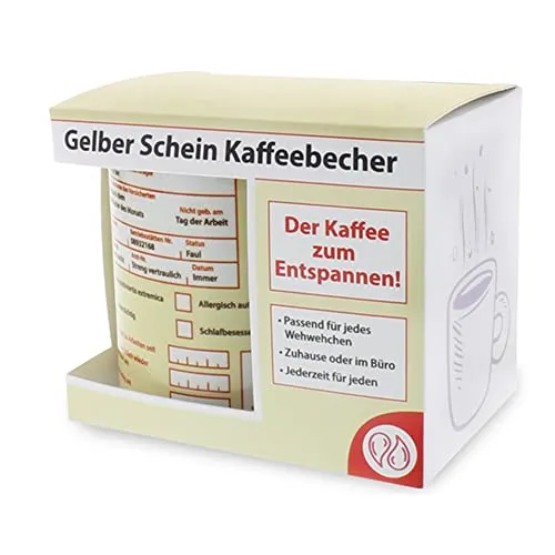 yvolve - Gelber Schein - Tasse aus Keramik mit lustigem Spruch rundum bedruckt mit Verpackung - Spülmaschinenfest