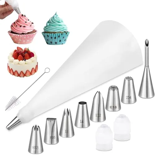 Premium Spritzbeutel Set(12 teilig) , mit 8 Spritztüllen, 35cm Spritztütel | Spritzbeutel wiederverwendbar und spülmaschinenfest, Adapter & Reinigungsbürste, Für Dekorationen Backen