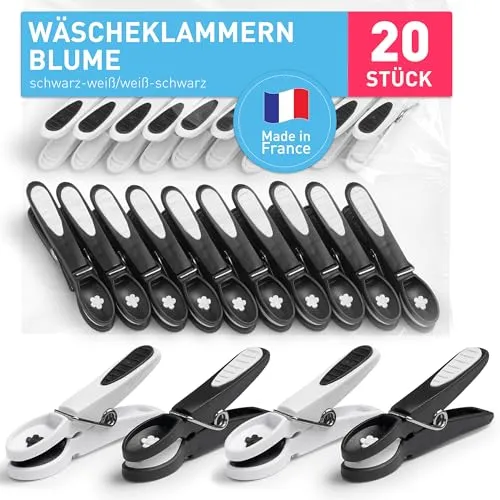 culiclean Wäscheklammern ohne Abdruck stabil in Blume Design 20x Wäscheklammer schwarz weiß, robuste Kluppen Soft Grip Clip Clothes Pegs UV beständig Klammern zum Aufhängen von Wäsche, Socken