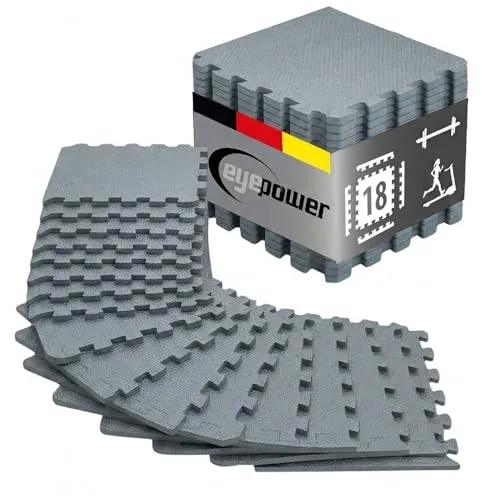 Puzzlematten Bodenschutz Fitness - 30x30 cm Grau - 18er Set - Flexible und rutschfeste Puzzlematten aus EVA für vielseitige Einsätze. Ideal für Kinderzimmer, Wohnzimmer oder Fitnessbereiche. Leicht zu reinigen und mit Rand für stabilen Halt.