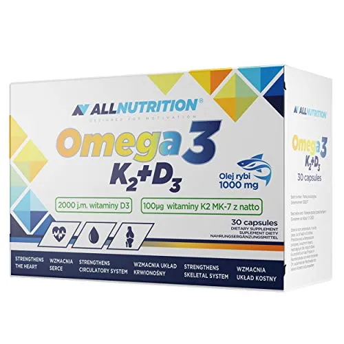 ALLNUTRITION OMEGA 3 K2 D3 ist eine hochwertige Ergänzung, die Fischöl und die Vitamine K2 und D3 enthält.