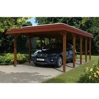 Einzelcarport SKAN HOLZ Spreewald mit roter Blende - Robuster Flachdach-Carport aus Holz, inkl. Pfostenanker – ideal für den Schutz Ihres Fahrzeugs im Garten.