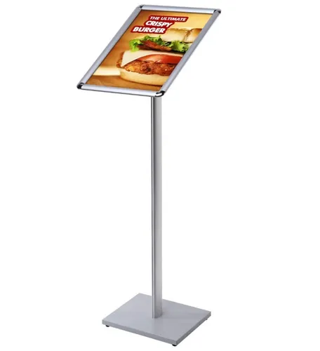 SHOWDOWN Infoständer DIN A3 - Aluminium & Stahl Silber, runde Ecken - Infoständer für den Innenbereich, stabil und elegant aus Aluminium und Stahl, ideal für Präsentationen und Werbezwecke.