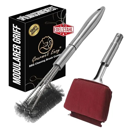 Grillbürste 3-in-1 | Grill Bürste, Schaber & Hitzebeständiger Schwamm | Perfekt für Gussrost & Edelstahlgrill | Grillbürste für Gussrost | Langer Griff & Dichte Borsten | Geschenk für Männer