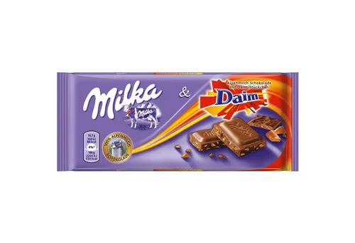Milka Daim – Alpenmilch-Schokolade mit Mandel-Karamell-Stückchen – 100g - Zarte Milka Alpenmilch-Schokolade mit knackigen Daim-Stückchen für ein einzigartiges Geschmackserlebnis. Ideal zum Teilen oder Naschen – perfekt für kleine Genussmomente!
