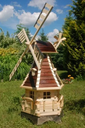 Gartenwindmühle aus Holz, 1,25m mit Kugellager - Windspiele für den Garten, 360° drehbarer Windmühlenkopf und einstellbares Kugellager für optimale Windnutzung und Langlebigkeit.