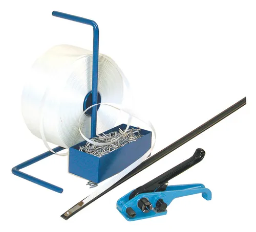 Banholzer&Wenz Polyester-Umreifungsset 13mm - 1100m mit 1000 Klemmen - Werkstatt und Zubehör: Robustes Polyester-Umreifungsset für sichere Ladungssicherung, ideal für Transporte und Lagerung.