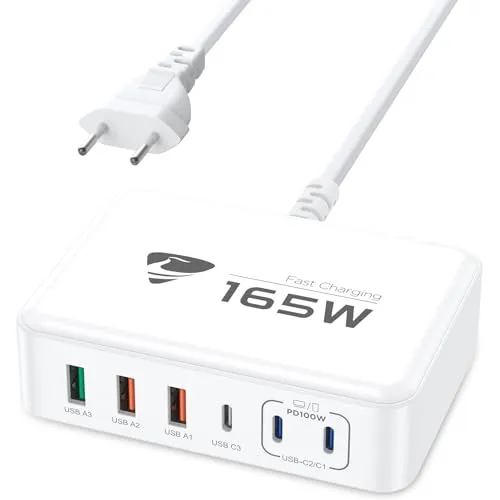 USB C Ladegerät, 165W 6-Port USB Mehrfach Ladegerät, 100W Schnellladegerät USB C PD 3.0 Power Adapter, USB Netzteil für MacBook Pro/Air,iPhone 16/15/14/13,Samsung S24/S23