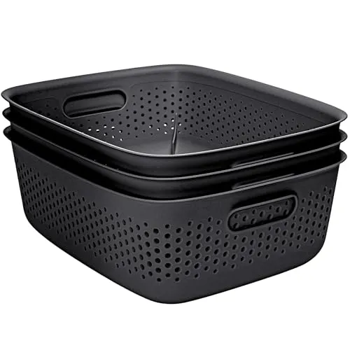 KONZEPT 3er Set Aufbewahrungsbox 10l, Aufbewahrungskorb aus Kunststoff mit Griff, perforierte, schwarz Boxen zur Aufbewahrung