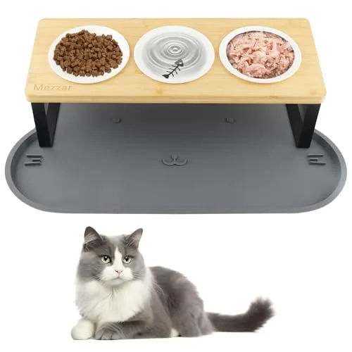 Mezzar Katzennapf Erhöht 3er Set - Fressnäpfe für Katzen, ergonomisch mit 15° Neigung für entspanntes Fressen, rutschfeste Silikonunterlage und spülmaschinengeeignet für einfache Reinigung.