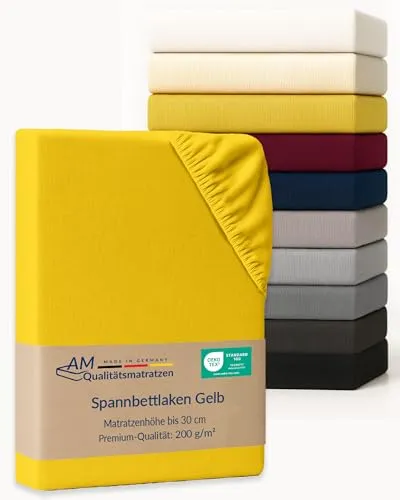 AM Qualitätsmatratzen Premium Spannbettlaken 70x190cm Baumwolle (200gsm) in Gelb - Made in Germany - Oeko TEX zertifiziertes Bettlaken 70x190 Baumwolle - Jersey Spannbetttuch - Fitted Sheets