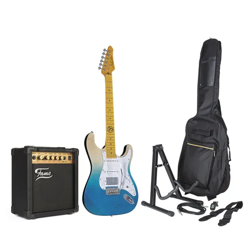J & D ST Flame E-Gitarren Set für Anfänger - Komplettes E-Gitarren-Set mit ST-Style Gitarre und 15W Verstärker. Ideal für Einsteiger, inklusive Zubehör und praktischem Gigbag für optimalen Schutz.