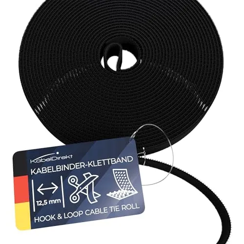 KabelDirekt – Kabelbinder Klettband – 5m Rolle, 12,5mm breit – zuschneidbare Klett-Rolle/Kabelmanagement mit Klettverschluss (wasserfest, umweltfreundlich, wiederverwendbar – schwarz)