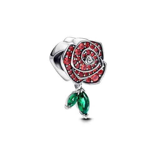 PANDORA Moments Funkelnde Blühende Rose Charm aus Sterling Silber - Bead Charms für Damen, florale Eleganz mit roten Kristallen und lebensechten Details, perfekt für deine Moments Armbänder.