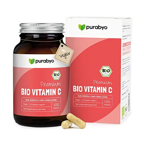 Purabyo Bio Vitamin C Kapseln, 120 Stück - Wasserlösliche Vitamine, rein natürliches Bio Vitamin C aus Camu Camu und Acerola, ideal für Veganer und unterstützt die Abwehrkräfte mit 250% NRV Tagesbedarf.