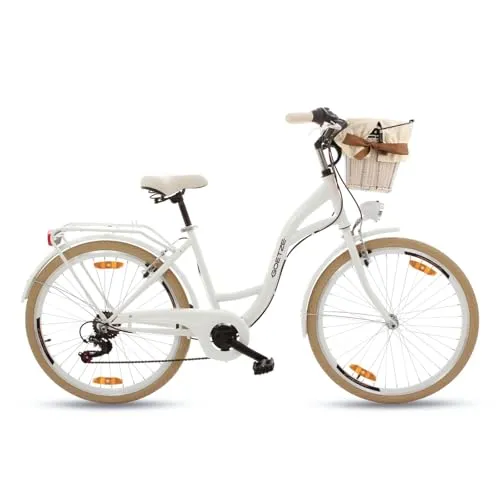 Goetze Mood 26 Zoll Jugendfahrrad, 17 Zoll Tiefeinsteiger Aluminiumrahmen, 6-Gang Kettenschaltung, doppelte V-Bremsen, LED-Beleuchtung, Rattankorb, Komfortsattel, mit Seitenständer & Klingel