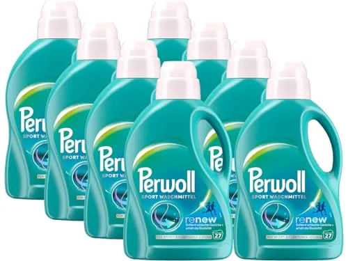 PERWOLL Sport Waschmittel 216 (8 x 27 WL) - Waschmittel für Sport- und Funktionskleidung mit Dreifach-Renew-Technologie, entfernt Gerüche und erhält die Elastizität, ideal für umweltbewusste Nutzer.