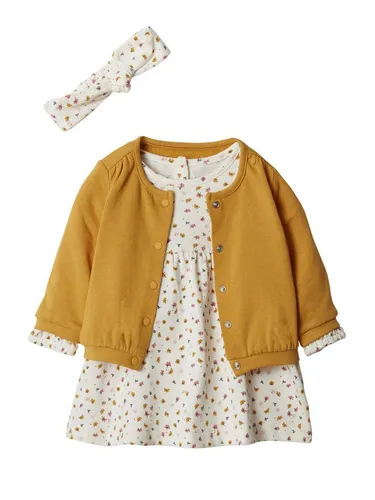 vertbaudet A-Linien-Kleid Mädchen Baby-Set: Kleid, Strickjacke & Haarband
