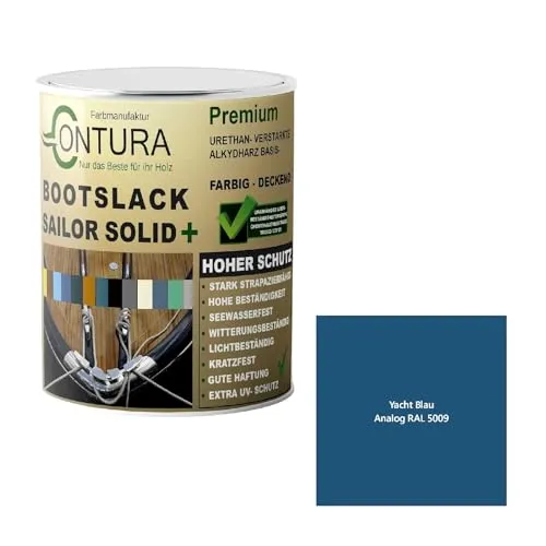 Contura Bootslack Farbig SEIDENMATT Yacht- Buntlack Metall Holz GFK Holzlack Boot Farblos (Yacht Blau - RAL 5009 Analog, 500ml.)
