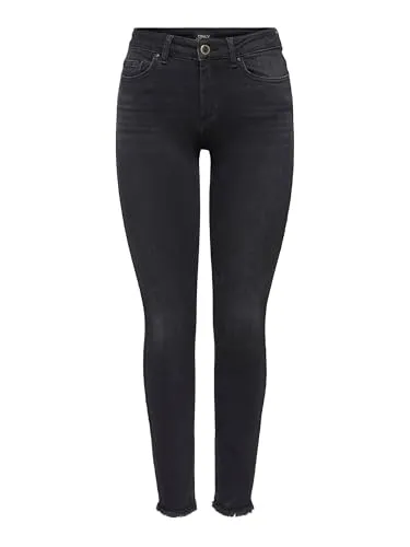 ONLY Damen Blush Jeans, Black Denim, M/32 - Modische Ankle Jeans - Stylische Ankle Jeans im Five-Pocket-Style mit fransigen Kanten. Enganliegende Passform für einen modernen Look. Ideal für trendbewusste Damen!