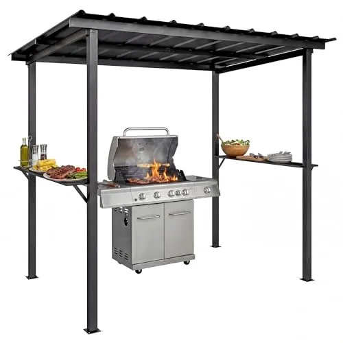 Outsunny Grillpavillon mit Pultdach und Seitenregalen, Schwarz