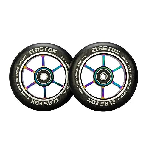 CLAS FOX Pro Stunt Scooter Rollen Roller Räder Wheels 100mm EIN Paar mit ABEC-9 Kugellager CNC Metallkern Graviti (2 stücke) (schwarz-Regenbogen)