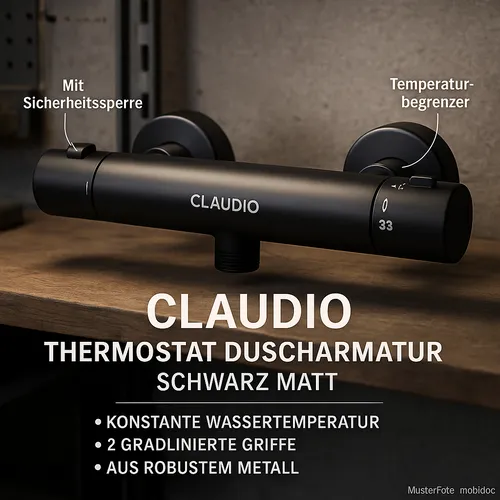 CLAUDIO Thermostat Duscharmatur in Schwarz matt - Duscharmatur mit präziser Temperaturregelung, elegantes Design in Schwarz matt für ein modernes Badezimmererlebnis.