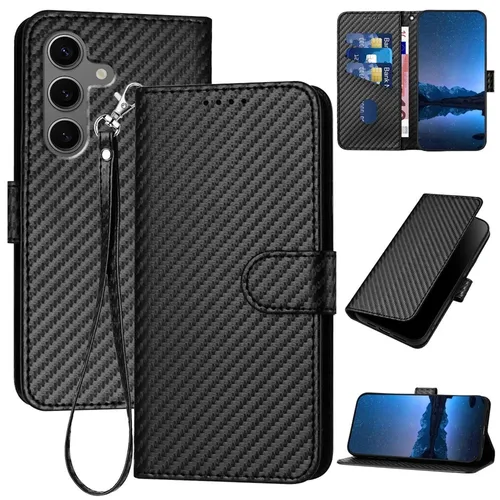 Für Samsung Galaxy S25 Carbon Fiber Magnetisch Kunstleder Hülle Lanyard Schwarz