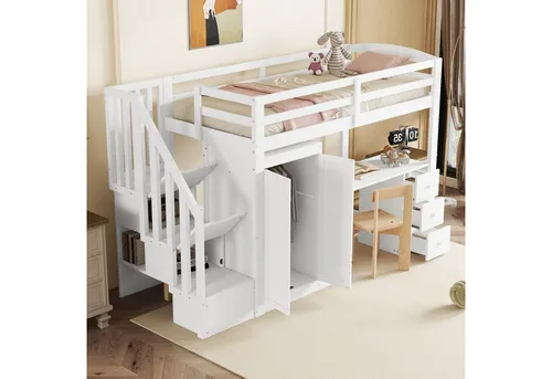 OKWISH Kinderbett Jugend-Hochbett 90x200 cm mit Schreibtisch & Kleiderschrank - Praktisches Hochbett in Weiß, ideal für kleine Räume. Mit integriertem Schreibtisch, Kleiderschrank und Stauraumtreppe bietet es viel Platz für Schlafen, Arbeiten und Verstauen.