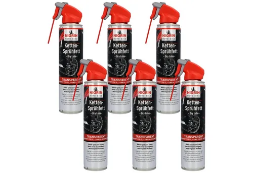 Nigrin Ketten-Fett Sprüh-Fett 6x für Motorräder - Praktisches 6er Set Ketten-Spray für verschiedene Motorradtypen. Ideal zur Pflege und Schmierung von Ketten für optimale Leistung und Langlebigkeit.