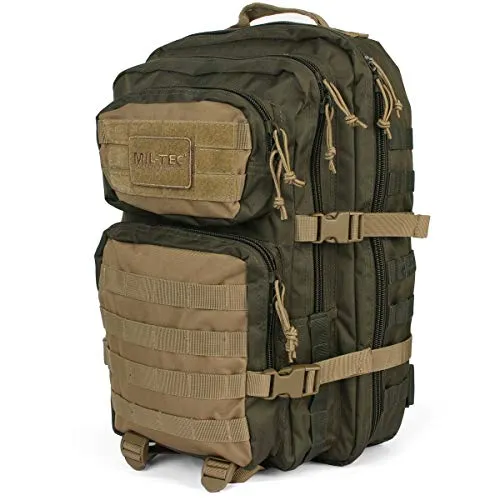 Mil-Tec US Assault Pack Backpack - Ranger Green Coyote, geräumig mit ergonomischen Schultergurten und abnehmbarem Hüftgurt für optimalen Tragekomfort