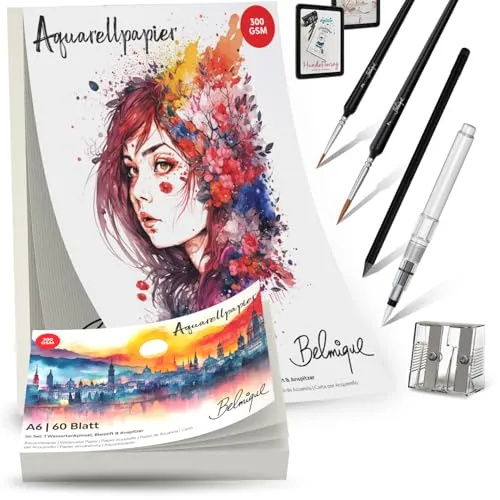 Belmique Aquarellpapier Bundle A5 & A6 Set mit Zubehör - Entdecke die Kreativität mit unserem Aquarellpapier Bundle! 2 Blöcke (A5 & A6) mit 100 Seiten, ideal für Aquarell, Handlettering und mehr. Inklusive Pinsel, Brushpen, Bleistift und Zugang zu Videokursen für den perfekten Einstieg.