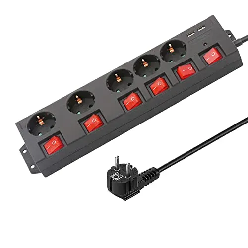 KS Mehrfachsteckdose, 5 Fach Steckdosenleiste mit 2 USB und 12000A Überspannungsschutz und Blitzschutz Steckerleiste einzeln schaltbar 3680W, Kindersicherung, 2m Kabellänge, Schwarz