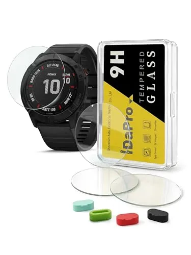 iDaPro Displayschutz Schutzfolie für Garmin fenix 6X Pro / 6X Pro Solar + 4-teiliger Ladeanschlussschutz, 9H Härte Gehärtetes Glas Displayschutzfolie Einfache Installation [4 Stück]