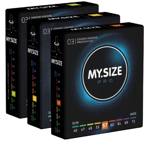 MY.SIZE Kondome PRO «Probierset M» (49mm, 53mm, 57mm) 3 Packungen mit je 3 Maßkondomen, insgesamt, 9 St., Kondome zum Anprobieren und Austesten, die neue Generation MY.SIZE Kondome