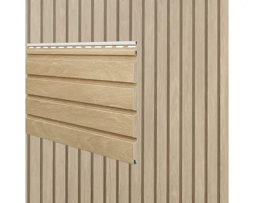 Vox Verkleidungspaneel Canadian Siding MAX3Fronto Rhombus 2,95m Eiche Natur - Hochwertige Fassadenverkleidung aus Kunststoff mit schmalen Rhombus-Schattenfugen für eine moderne Optik. Pflegeleicht und einfach zu montieren – ideal für Wohnhäuser und Gartenhäuser.