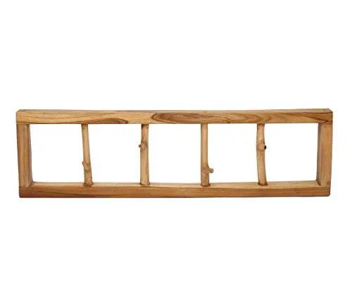 Brillibrum Design Garderobe aus Teakholz Äste mit Haken 4 Wandhaken Recyclingholz Kleiderhaken Teakholz Hängegarderobenleiste 80cm Länge (4 Haken)