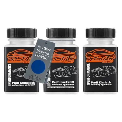TRISTARcolor Motorradlack Lackstift Set für BMW Motorrad BMW201 Racing Blue Metallic Grundlack Basislack Klarlack je 50ml
