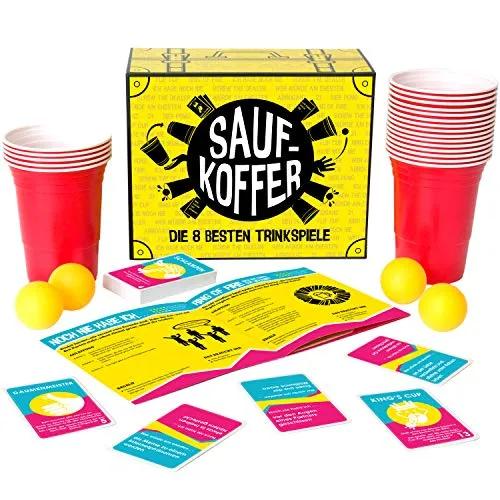 Saufkoffer - Die 8 besten Trinkspiele (Bier Pong, Noch nie Habe ich, Ring of Fire und mehr) | Partyspiel für Erwachsene - ideal für das Vorglühen und den Spieleabend