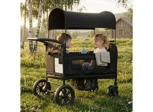 Faltbarer Kinderwagen für 2 mit Bettfunktion, 8-fach verstellbarer Griff, Sonnenverdeck & Tablett, 5-Punkt-Gurt, PolyurethanRäder mit Bremsen, Dunkelgrau