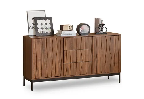SeedWave Retro Sideboard – Grifflose Kommode mit Anti-Kipp Mechanismus - Praktisches Sideboard mit 2 Türen und 3 geräumigen Schubladen. Verstellbare Einlegeböden bieten flexible Aufbewahrung, während der integrierte Anti-Kipp Mechanismus zusätzliche Sicherheit gewährleistet.