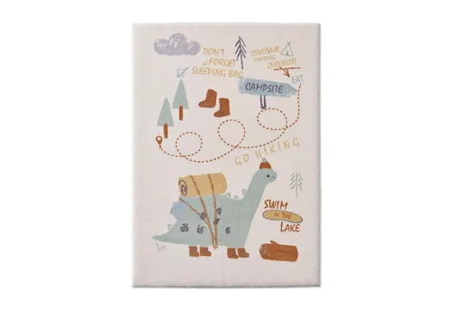TaraCarpet Kinderteppich Dino Camping 80x150 - Kurzflor-Teppich für Kinderzimmer, kuschelig weich mit Dinosaurier-Motiv, ideal für Jungen und Mädchen, sorgt für eine gemütliche Atmosphäre beim Spielen.