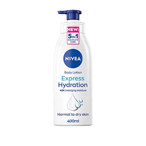 NIVEA Express Hydration Body Lotion (400 ml), schnell einziehende 72H Hydration Feuchtigkeitspflege für trockene Haut, hergestellt mit tiefem Feuchtigkeitsserum und Meeresmineralien, glatte Haut